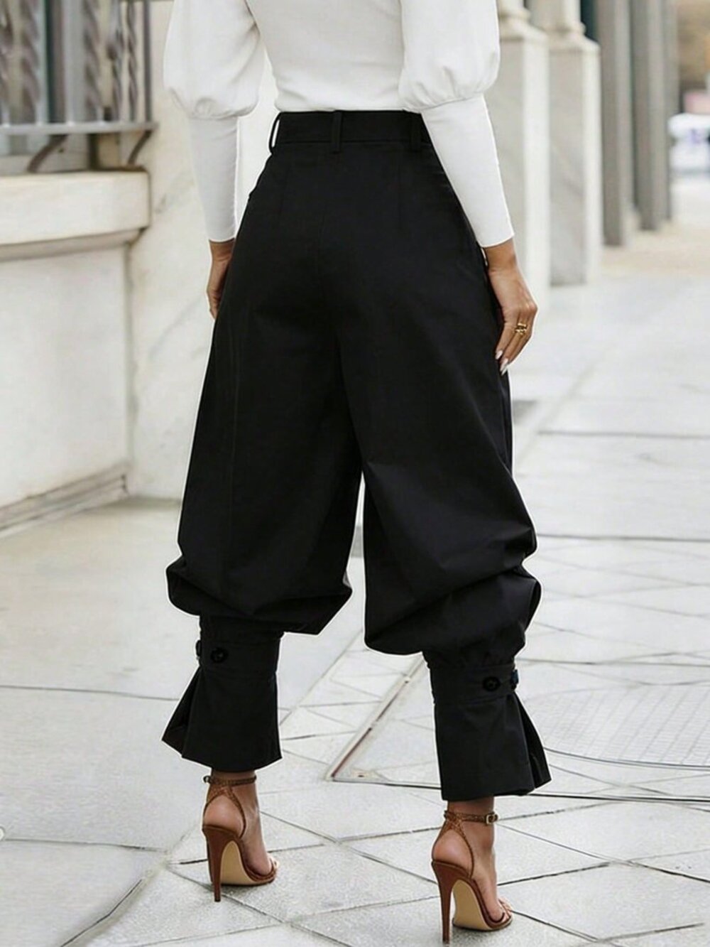 Black Casual Women's Elegant Ruffle Loose Leg Long Lantern Pants - Picture 2 of 5